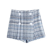 KPYTOMOA Women  Chic Fashion With Buttons Tweed Bermuda Shorts Skirts Vintage High Waist Side Zipper Female Skorts Mujer