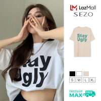 SEZO เสื้อยืดแขนสั้นคอกลมผู้หญิง,แฟชั่นเกาหลีพิมพ์ลาย