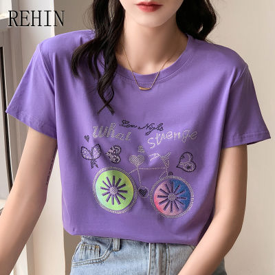 REHIN เสื้อยืดคอกลมผู้หญิง,เสื้อยืดแขนลำลองขาสั้นทรงหลวมพิมพ์ลายสุดสร้างสรรค์แฟชั่นสไตล์เกาหลีแบบใหม่ฤดูร้อน