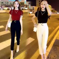 Fashion all-match solid color temperament Ice Silk multi-color internet Red foreign style top high waist metal buckle feet suit pants V729