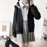 QWEEK Kawaii Black Zip Up Hoodie Women Sailor Collar Sweatshirt Japanese Streetwear Soft Girl 2021 Fashion Oversized Sweatshirt