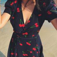 Plus Size Women Dress Cherry Print Short Sleeve Vintage French Dress V-neck Midi Dress Chiffon Summer Dress Vestidos 2023 S-4XL