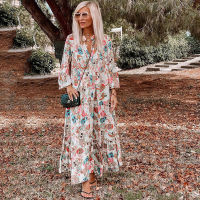 2021Chiffon Long Sleeve Maxi Print V-neck Autumn Womens Dress 2021 A-line One-piece Elegant Bohemia Ladies Loose Dresses Robe Femme