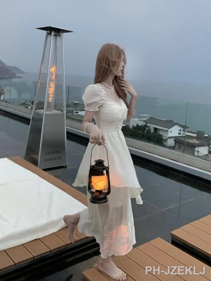 hot】❒﹍◅ Elegante vestido midi feminino roupa kawaii manga curta praia  senhora do escritório rosa chiffon verão festa 2023
