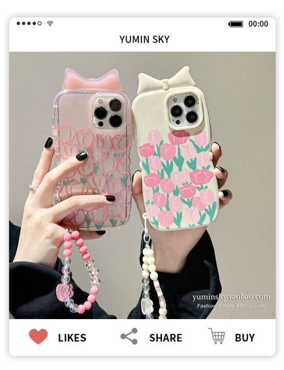 tulip-bow-เคสโทรศัพท์มือถือสำหรับ-iphone12promax-ห่วงโซ่โทรศัพท์มือถือน่ารักสำหรับ-iphone13-ดอกไม้สีชมพูเคสโทรศัพท์ป้องกันการตกสำหรับ-iphone11-สร้อยข้อมือ-iphonexs-หญิง