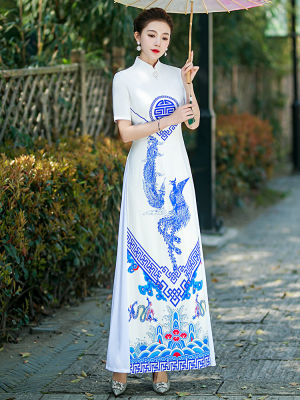 Aodai Cheongsam ปรับปรุง Catwalk Stage Costumes บรรยากาศบวกทุกวันสไตล์จีนชุดยาว