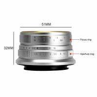 เลนส์โฟกัสคู่มือมุมกว้าง APS-C ช่างฝีมือ7คน F1.8 25มม. สำหรับกล้องไร้กระจกฟูจิ X เมาท์สีเงิน