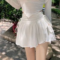 HOUZHOU y Cute White Mini Skirt Women Drawstring Folds High Waist Irregular Ruffle Patchwork Fairycore Short Skirts Mori Girl