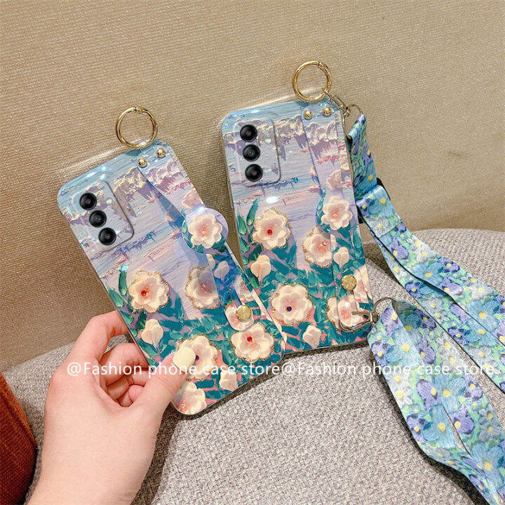 phone-case-เคส-samsung-galaxy-a54-a34-a24-a14-lte-4g-5g-วินเทจพรีเมี่ยมบลูเรย์เคสโทรศัพท์ภาพดอกไม้ภาพวาดที่มีสายคล้องข้อมือ2023