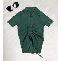 Dark Green Short Sleeve Slit Clothes Front Cropped Collar.