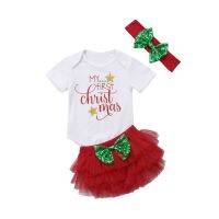 Christmas Infant Baby Girls Summer Outfit Sets White Short Sleeve Letter Print Romper + Red Layered Tulle Shorts + Headband  by Hs2023