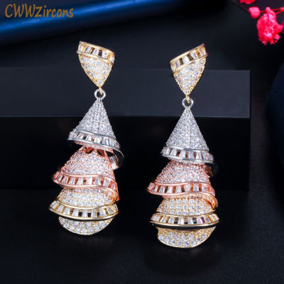 CWWZircons 3 Tone Rose Gold Color Shiny CZ Dangling Drop Women Long Wedding Earrings Accessories for Brides Party Jewelry CZ870