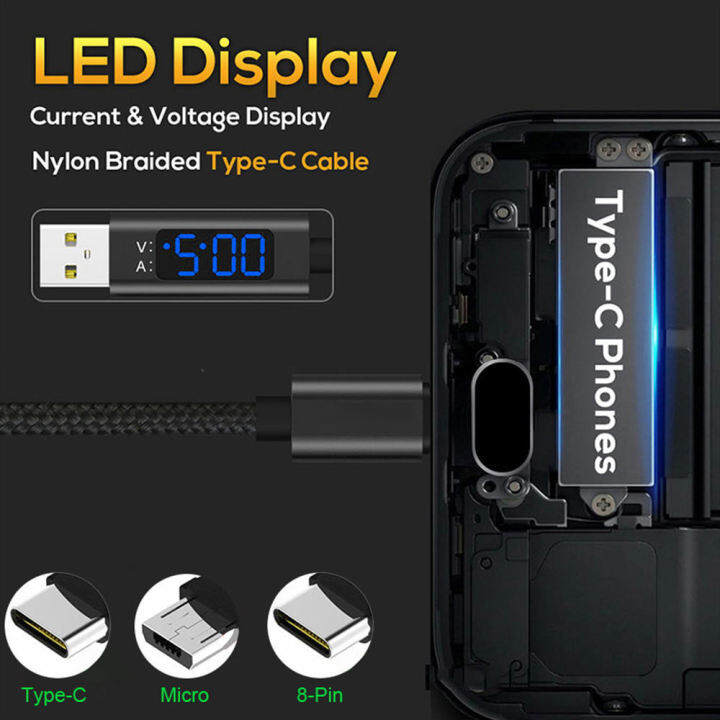 สาย3a-ชนิด-c-3-0ชาร์จเร็ว-lcd-แสดงแรงดันไฟฟ้ากระแสไฟฟ้าและปัจจุบันไนลอน-usb-แบบถัก-c-สายซิงค์ข้อมูล