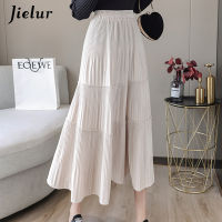 Jielur Solid Color Pleated Skirts Womens Slim Elastic Waist Autumn Winter Skirts Chic Black Saia Faldas Knee Women Skirt S-XL