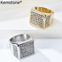 Kemstone เครื่องประดับสแตนเลสแหวนสี่เหลี่ยมชุบทองเพทายทั้งหมดสำหรับผู้ชาย