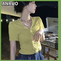 ANRUO เสื้อคอวีเสื้อแบบฝรั่งเศสแขนสั้นสำหรับผู้หญิง,เสื้อคอวีแขนสั้นดีไซน์สวยฤดูร้อน