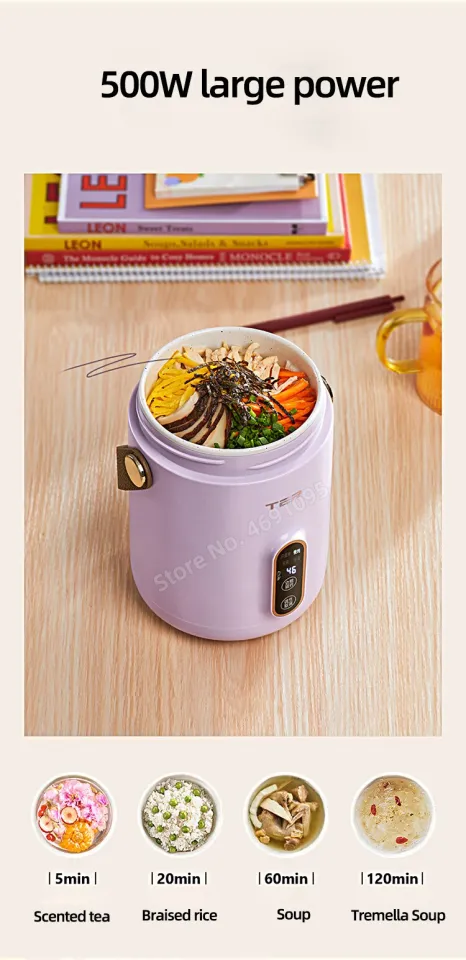 500W Electric Kettle Stew Pot Slow Cooker Portable Cooking Pot Stewing Porridge Soup with Appointment for Home Travel 600ml, Purple