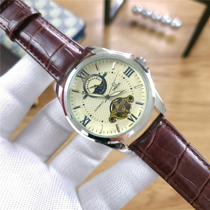 Omegawatch ของแท้หนังผู้ชายนาฬิกาข้อมือกลไกธุรกิจผู้ชายนาฬิกานาฬิกาหรูหราแผ่นนาฬิกาข้อมือลำลองนาฬิกาสแตนเลสสตีล