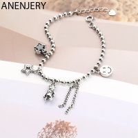 ANENJERY 925 Sterling Silver Handmade Bear Star Smiling Face Tassel Bead Chain Bracelet For Women Party Jewelry Gift S-B390