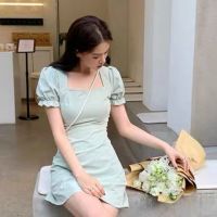 Women Retro Square Neck A Line Dress Puff Sleeve A Line Mini Dress