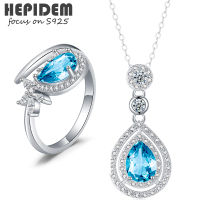 HEPIDEM 100 Topaz 925 Sterling Silver Jewelry Sets S925  New Trend Women Korean Natural Blue Stone Necklace Rings Set 7005