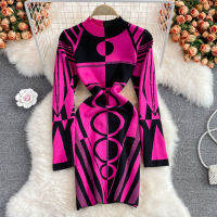 Gagarich Knitted Dress  Winter Female European American Sexy Temperament Slim Stand-Up Collar Printed Tight Elastic Vestidos