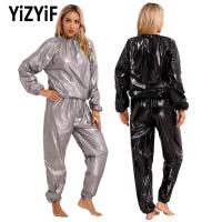 Sauna Suit Long Sleeve PVC Elastic Cuff Top Pants Set Weight Loss Sweat Suit Slimming Fitness Gym Workout Suit for Men And Women Exercise Bands