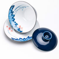 Handpainted Big Bowl Gaiwan Blue Lotus Tea Tureen Jingdezhen Puer Kettle Chawan Tea Accessories