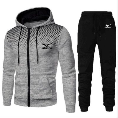 The new Mizuno high-quality printed mens gym clothes thin-section breathable Hoodie + sweatpants zippered sports suit for men
