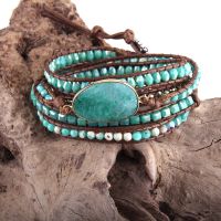 RH Fashion Leather Boho Armbander Green Mixed Natural Stones Charm 5 Strands Beaded Wrap Bracelets DropShipping Charms and Charm Bracelet