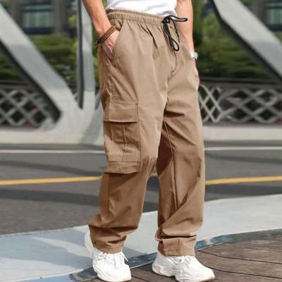 Men Casual Cargo Pants Elastic Waistband Drawstring Multi Pockets Hip Hop Slacks Straight Wide Leg Long Trousers