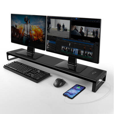[ในสต็อก] ขาตั้งจอภาพคู่อลูมิเนียมจอภาพไรเซอร์ที่มีการชาร์จไร้สายและ4 USB 3.0ฮับพอร์ตประหยัดพื้นที่จัดโต๊ะ