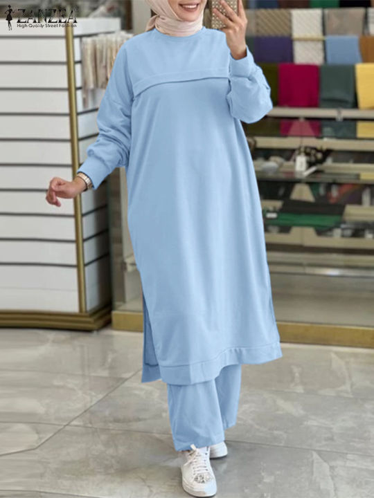 แฟชั่น-zanzea-eid-mubarek-ตุรกีชุดมุสลิมสูท2ชิ้น-o-คอแขนยาวเสื้อหลวมกางเกงลำลองอิสลามเสื้อผ้าชุด