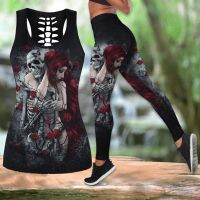 Skull And Beauty Red Rose Hollow Tank Top And Legging 3D Art Legging Hollow Tank Combo Leggings กางเกงโยคะ...