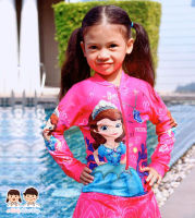 Swimming Suit for Girl Sofia the First ชุดว่ายน้ำเด็กผู้หญิง สีชมพู บอดี้สูทเสื้อแขนยาวกระโปรงกางเกง พร้อมหมวกว่ายน้ำและถุงผ้า ลิขสิทธิ์แท้