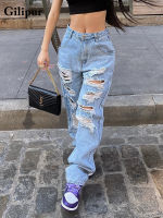 【CW】Vintage Baggy Ripped Jeans Women Fashion 90s Streetwear Loose Wide Leg High Waist Straight Pants Y2k Washed Blue Denim Trousers
