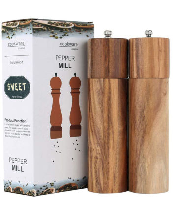 Wooden Salt and Pepper Grinder Set, Manual, Acacia Wood, 8" - Elegant Salt Grinder and Pepper Grinder Mill