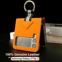 ☄☽ For Samsung Galaxy Z Flip 3 Luxury Genuine Leather Case Shockproof Cover For Samsung Z Flip3 5G Case With Ring Holder Full Cover