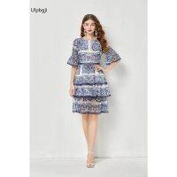 European and American High-End Blue and White Porcelain Printed Bell Sleeve 3-Layer Cake Dress Artificial Silk Large Swing Skirt