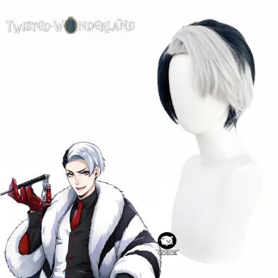 Twisted Wonderland Divus Crewel Black Gray Mix Color Short Cosplay Heat Resistant Synthetic Hair Halloween Party + Free Wig Cap