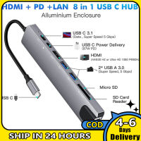 ฮับ USB 8-In-1ตัวแปลงแบบหลายพอร์ตอะแดปเตอร์3.1-4K RJ45ตัวอ่านบัตร TF PD ชาร์จเร็วใช้ได้กับ MacBook