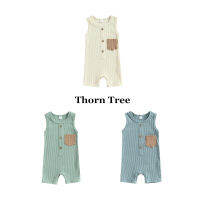 Thorn Tree ชุดจั๊มสูทขาสั้นแขนกุดคอวีสีทึบสำหรับทารกพร้อมกระเป๋าใบใหญ่สำหรับ Summer Sunsuit