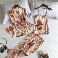 Floral Print Womens Pajamas Set 3 Pcs with Long Pants Summer Ladies Homewear Ice Silk Spring Sleepwear Satin Night Wear