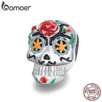 ✇✠ Bamoer 925 Sterling Silver Halloween Skull Oxidized platinum Original Charm for Brand DIY Jewelry Make for women Girl BSC326