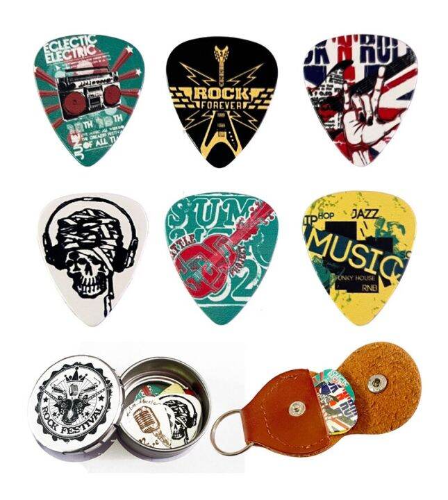 ปิ๊กกีตาร์6ชิ้น-cool-celluloid-guitar-picks-in-a-with-picks-holder-unique-guitar-gift