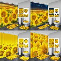 【CW】ﺴ✽❐  Flowers Pattern Shower Curtain Set with Rugs Bathing Anti-slip Toilet Lid Cover