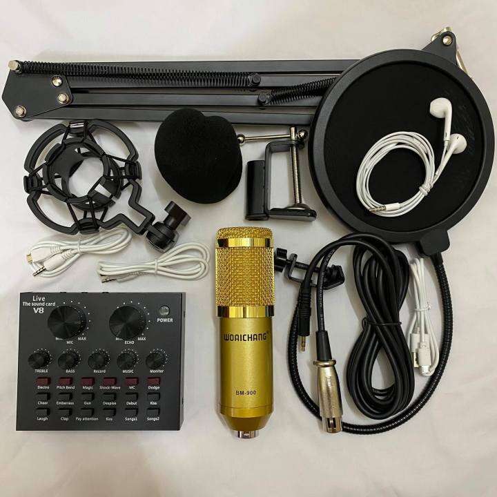 Combo Soundcard V8 AQTA Bluetooth + Mic Karaoke Livetream BM 900, Có