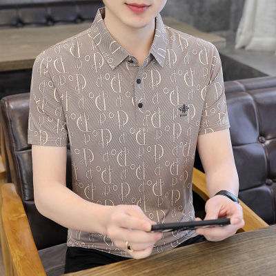 เสื้อเชิ้ตพลัสไซส์โปโลผ้าไอซ์ซิลค์สำหรับผู้ชายฤดูร้อนแขนสั้นใหม่เสื้อยืดพิมพ์ลายปกเสื้อลำลอง MODE Korea พอดีตัว