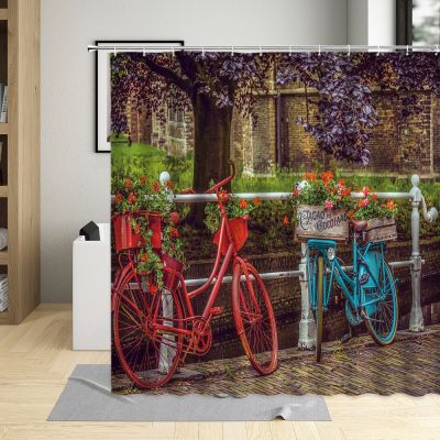 Retro Classic Bicycle Shower Curtain Rural Pastoral Scenery Flower Bathroom Decor Waterproof Fabric Bath Curtains With Hooks