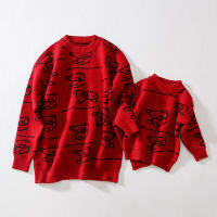 New Year Family Sweater Pair Look Parent And Child Mother Daughter AutumnWinter Long Sleeve Red Knit Tops Dad Boy Girls Clothes